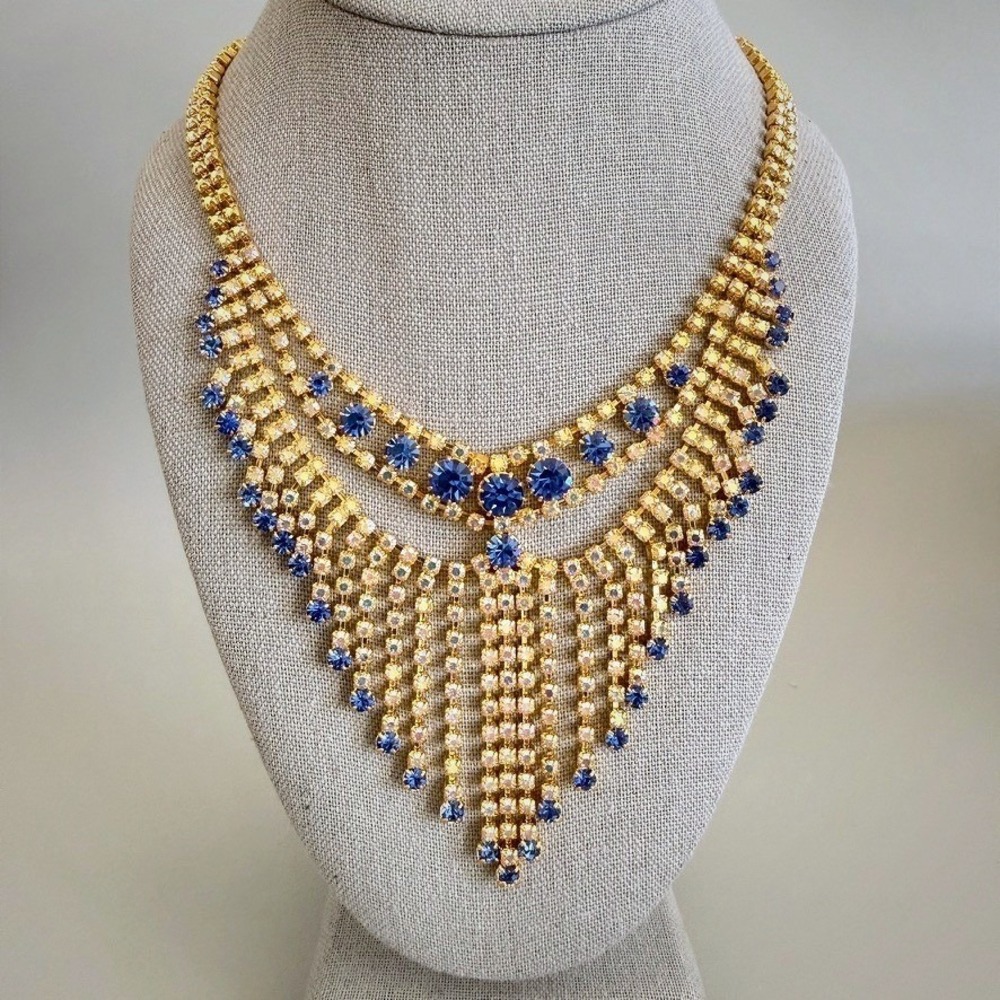 Vintage Blue White AB Rhinestone Bib Necklace 16" Gold Tone Statement Cocktail‎